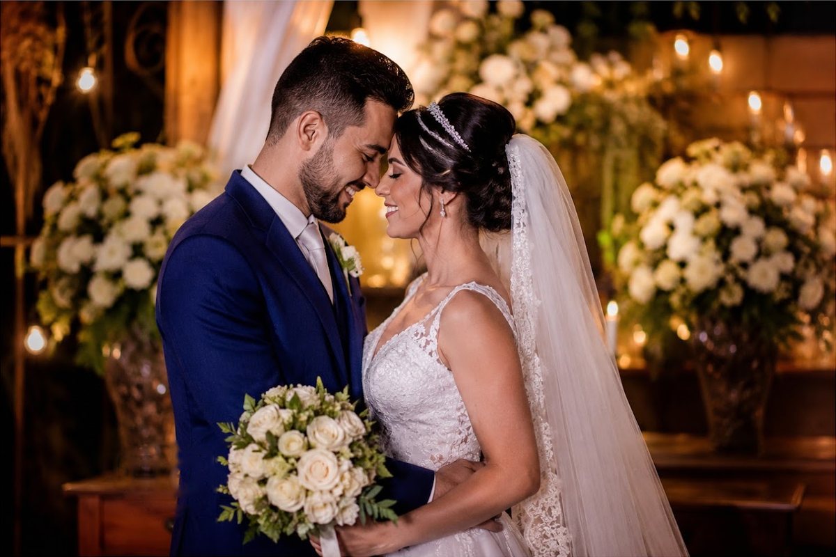 Noivos testa com testa, de olhos fechados e sorrindo, com buquê de rosas brancas e luzes ao fundo